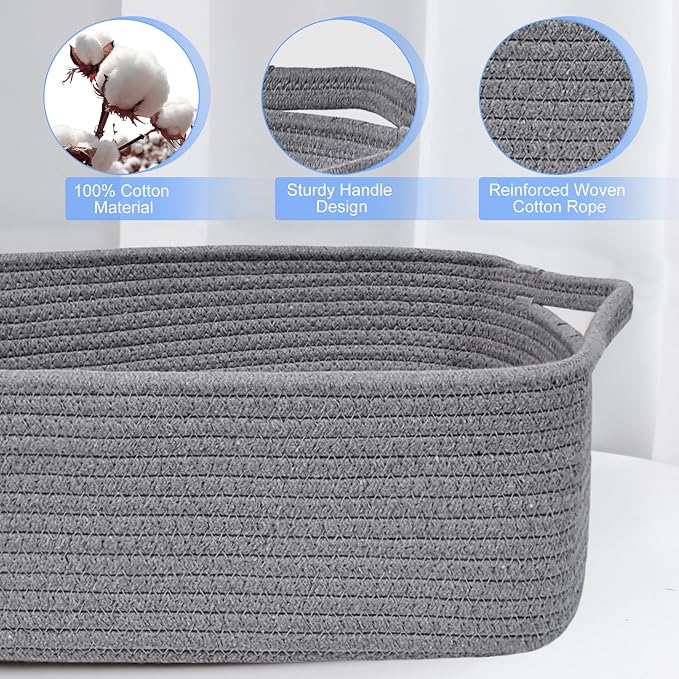 ABenkle Small Storage Basket with Handles, Cotton Rope Woven Dog Cat Toy Bin, Decorative Shelves Closet Organizing for Nursery Laundry Bedroom Bathroom, 14.2''x 11''x 5.1''