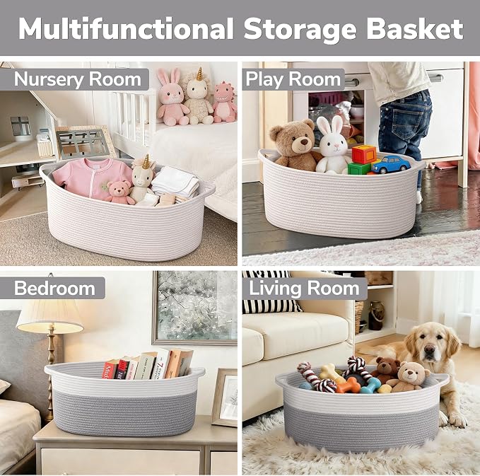 Goodpick Large Woven Rope Basket for Gifts Empty, 19.7"x 11"x 7.9", Grey | Storage Basket with Handles for Nursery Living Room, Perfect for Blankets, Pillows & Towels, Toys Storage