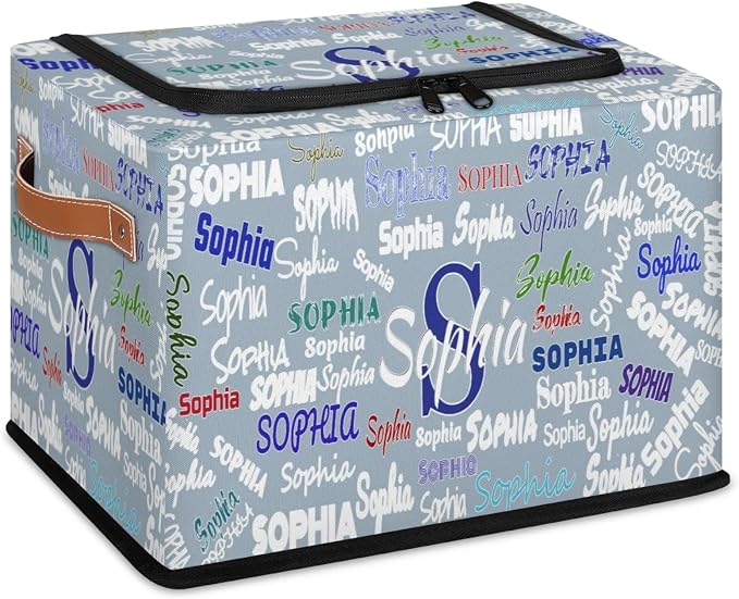 Personalized Storage Bins with Zipper Lid, Grey Blue Customized Name Storage Basket Rectangle Clothes Organizer for Organizing Kids Boys Men and Pets Toys Shelf Closet