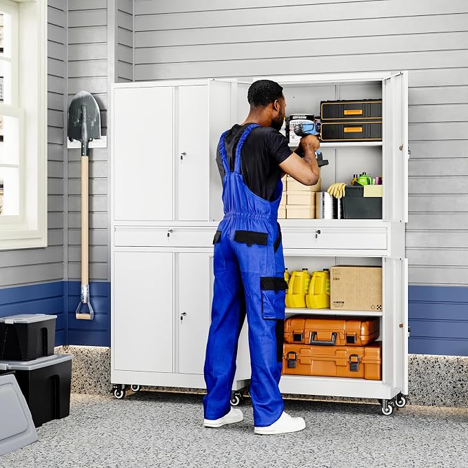 Metal Garage Storage Cabinet with Locking Doors and Adjustable Shelves, 73" Rolling Tool Storage Cabinet with 4 Wheels and 1 Drawer for Garage,Warehouse