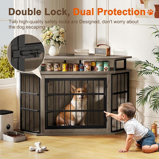 51" Corner Dog Crate Furniture Large Wooden Dog Kennel Indoor Dog House | With 2-Tier Shelves, Large Storage Space, Space-Saving Design, Multi-functional Pet House, Sturdy & Secure, Easy Assembly