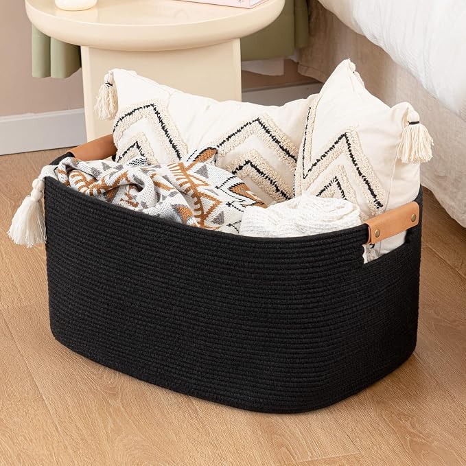 danpinera Large Blankets for Living Room, 72 L Woven Cotton Rope Baskets for Storage, Organizing Kids Toys & Dog Toys, Large Basket Organizer for Nursery, Bedroom, Bathroom, 22’’*17’’*11.8’’ Black