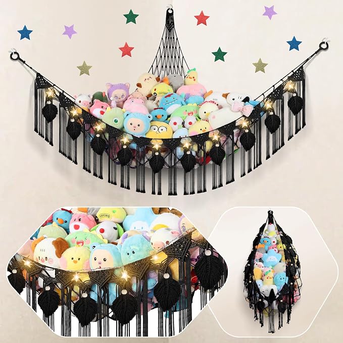 82.7x59x59 Inch Jumbo Stuffed Animal Storage Hammock Corner Toy Net, Black | Macrame Leaf Hanging Stuffed Animal Net Organizer for Stuffy Plush,Toy Hammock Holder w/Star Lights,Nursery Room Decor Gift