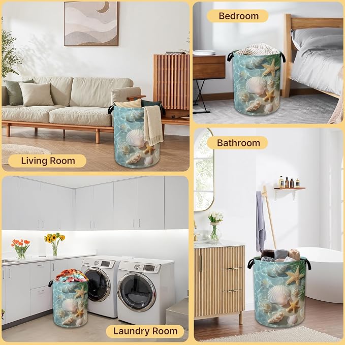 Sea Beach Laundry Basket,Starfish Shells Collapsible Laundry Baskets with Handles,Waterproof Oxford Cloth Hamper,Storage Organizer for Bathroom Bedroom Dorm