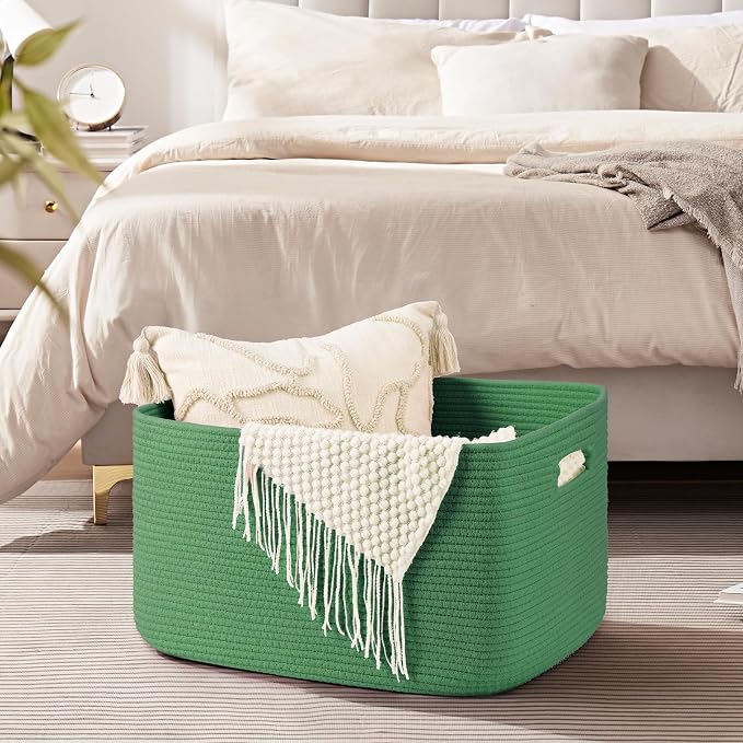 OIAHOMY 75L Large Blanket Basket, Woven Cotton Rope Baskets for Organizing 22”x17”x12”, Blanket Basket living Room, Toy Storage Bins for Nursery, Green