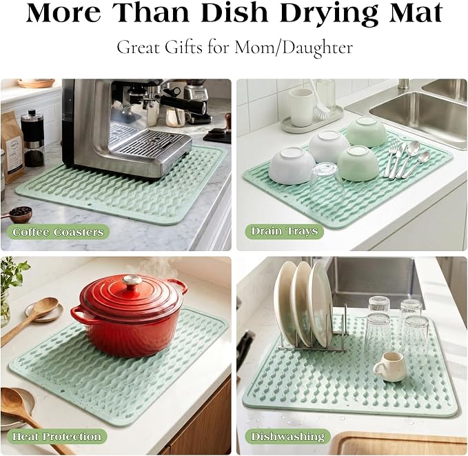CAKETIME 2 Pack Multicolor Silicone Dish Drying Mat for Kitchen Counter Baking Cooking Tools Coffee Must Haves Household Finds Dryer Work Place Covers Rubber Rug Extra Large 24"*18" Green