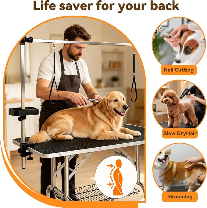 46" Foldable Dog Grooming Table with Adjustable H-Frame Arm & 2 Nooses, Heavy-Duty Stainless Steel Frame, Non-Slip Top, Tool Caddy and Mesh Tray, Black