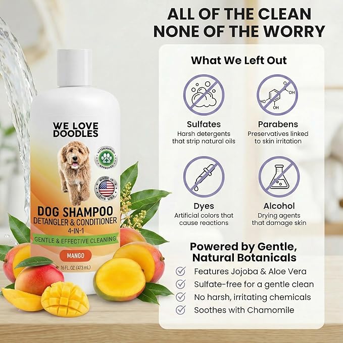 Dog Shampoo, Conditioner & Detangler - Best Shampoo for Goldendoodles, Poodles & Doodles Pet Hair - Hypoallergenic, Tearless, Sensitive Skin for Puppies & All Dog Breeds - Made in USA, 16OZ (Mango)