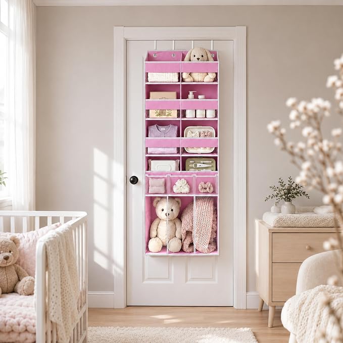 Extra Large Over The Door Organizer with Clear Pockets - 8 Compartments & XL Bottom Storage, Heavy-Duty Hanging Organizer for Bathroom, Bedroom, Closet (57 Inch Height). (Pink)