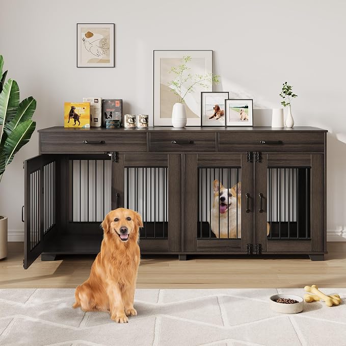 71" Large Dog Crate for 2 Dogs, Double Dog Cage Furniture with 3 Drawers for Ample Storage Space, Furniture Style Indoor Dog Crate & TV Stand, for Large Medium Dogs, Walnut