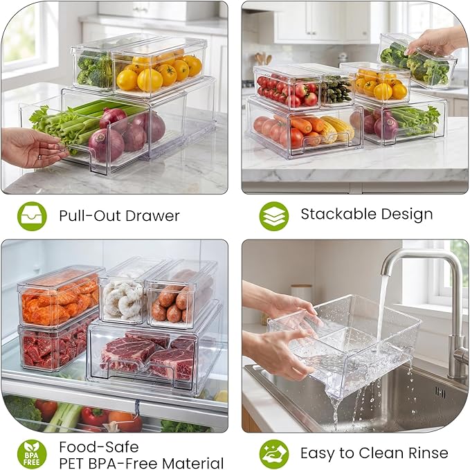 6Pack Fridge Organizers and Storage with Drain Trays,BPA-Free PET,Stackable | 2 Pull-Out Organizers & 4 Containers with Drain Trays For Fruit, Vegetable, Drink, Snack Food Storage