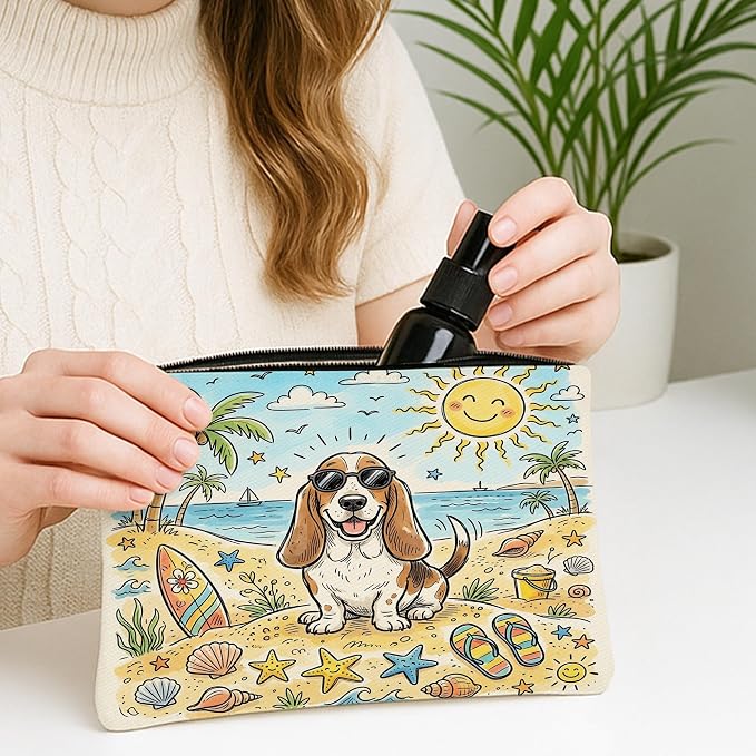 Cute Basset Hound Dog Makeup Bag, Coastal Beach Shells Cosmetic Travel Pouch for Women, Portable Small Canvas Zipper Organizer, Pet Toiletry Bag 7x9 Inch