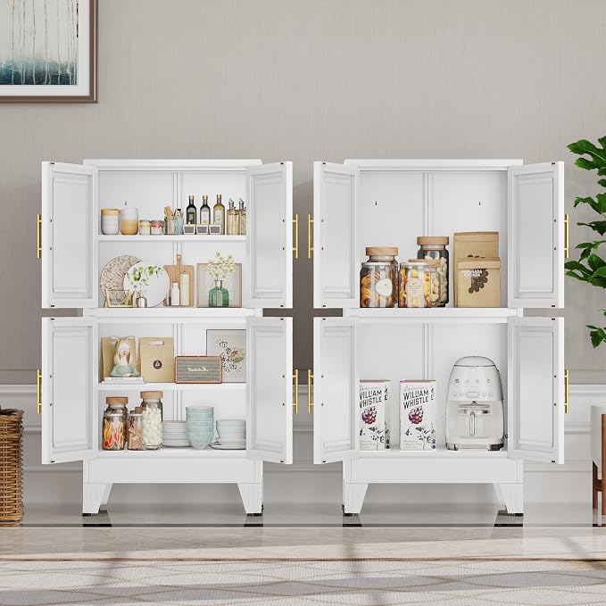 47” White Metal Bathroom Storage Cabinet, Kitchen Pantry Cabinet | Steel Storage Cabinet with Doors and 3 Adjustable Shelves, Bathroom cabinets Organizer, for Home Office, Bedroom