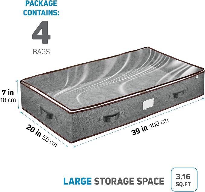 ZOBER Under Bed Storage Bags, Underbed Storage Containers, Gray, 90L 4-Pack | Non-woven fabric, foldable, clear top, dual zippers, reinforced handles, under bed storage containers for clothes, blankets