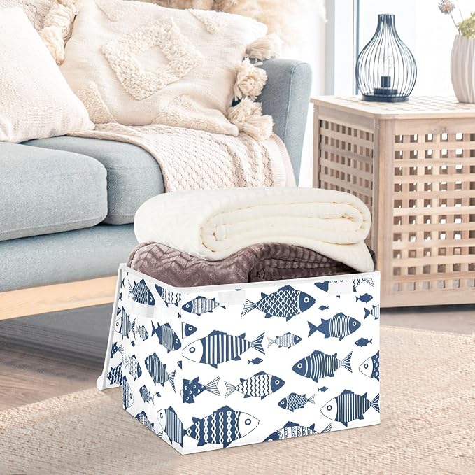 Fish Fabric Storage Bins 40L Basket Cube with Cover for Home Bedroom Closet | Decorative Storage Boxes, Dust-Proof Flip Top, Reinforced Handles, For Home & Bedroom, Clothes & Toy Box, Oxford Fabric Print