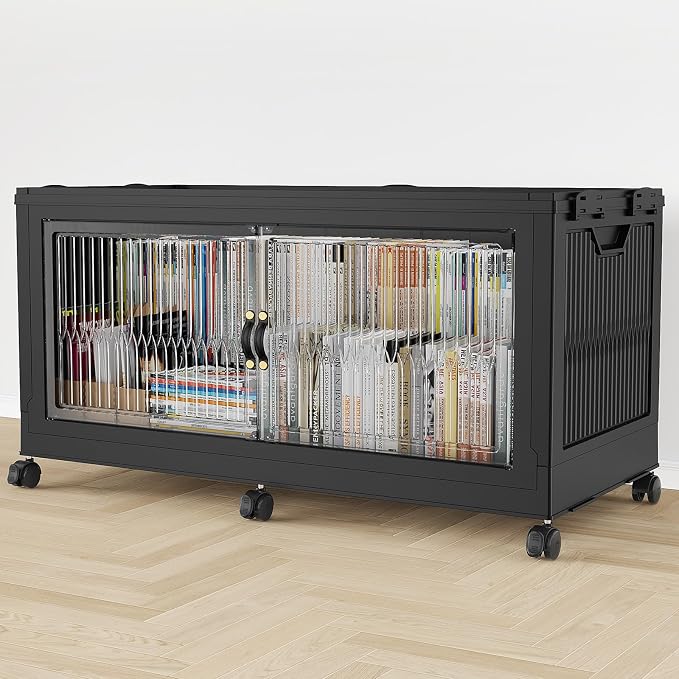 BROVIEW 340QT Extra Large Stackable Storage Bins with Lid, 1Pack Black | 85Gal Plastic Collapsible Cabinets Containers, Wheels & PET Doors, Foldable Closet Organizers Drawers for Office, Dorm
