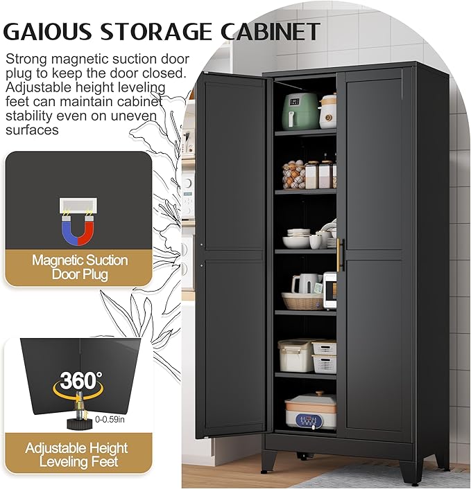 GAIOUS 75.2" Tall Storage Cabinet,Metal Pantry Storage Cabinets with 2 Door | and 5 Adjustable Shelves, Black Kitchen Food Cabinet, Metal Utility Cabinets for Kitchen, Dinning Room, Laundry Room