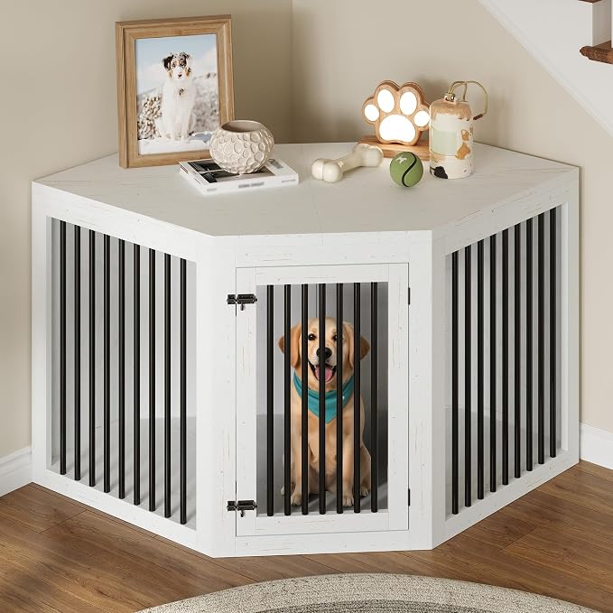 AMERLIFE Corner Dog Crate Furniture for Medium/Large Dogs Space-Saving | 3-in-1 Dog Kennel with Storage and Divider, Heavy Duty Large Cage, White