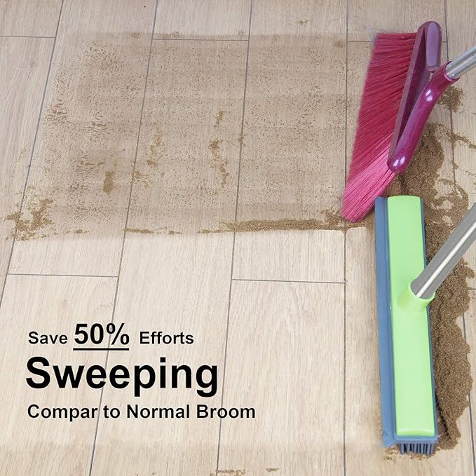 LandHope Push Broom Long Handle Rubber Bristles Sweeper Squeegee Edge 59 inches Non Scratch Bristle Broom for Pet Cat Dog Hair Carpet Hardwood Tile Windows Clean Water Resistant (Multi Segment Handle)