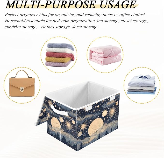 Stars and Moon Storage Bins with Lids and Carrying Handle,Foldable Storage Boxes Organizer Containers Baskets Cube with Cover for Home Bedroom Closet Office