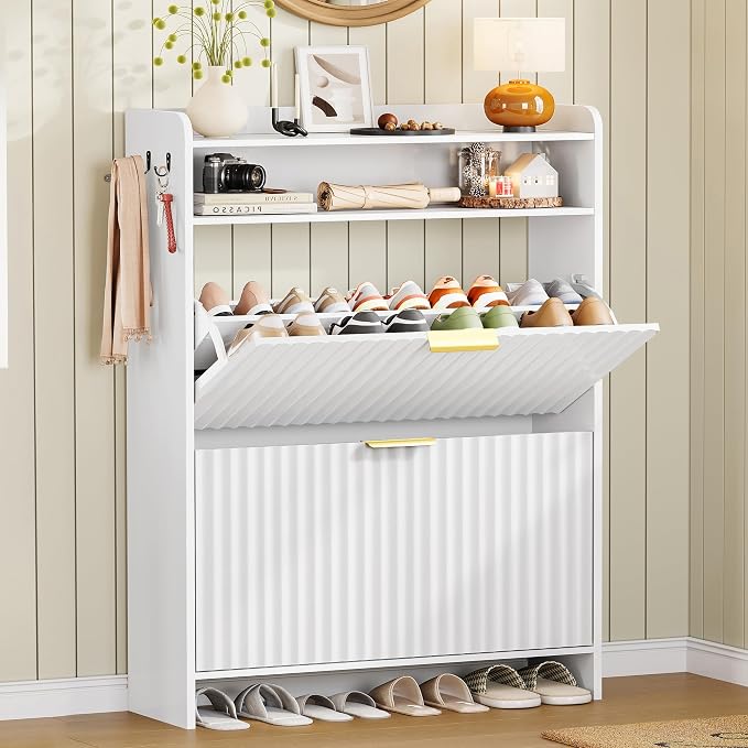 Fluted Shoe Storage Cabinet for Entryway with Adjustable Shelves | 9.45"Deep,Freestanding Shoes organizer,Adjustable & Removable Shelves,2 Hooks,Anti-tip Device,White