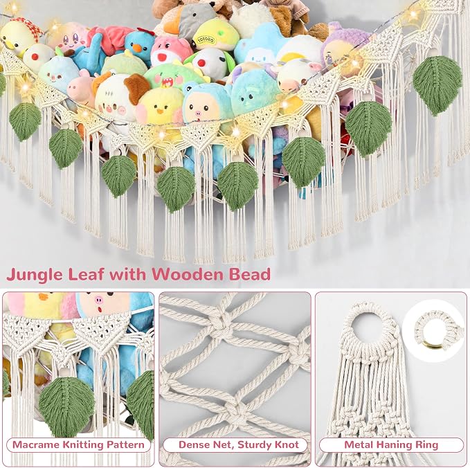 82.7x59x59 Inch Jumbo Stuffed Animal Storage Hammock Corner Toy Net, Cream | Boho Macrame Green Leaf Stuffed Animal Net Organizer for Stuffy Plushie, Toy Hammock Holder w/Star Lights ,Nursery Room Decor