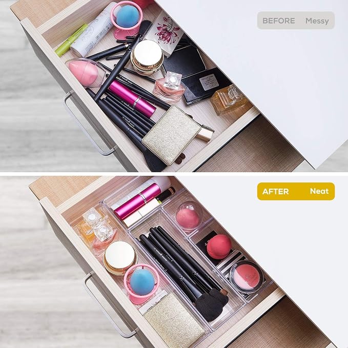 DCA 14 PCS Clear Plastic Drawer Organizer Tray, 4 Sizes Vanity Trays | Makeup, Kitchen & Gadgets | Jewelry Storage | Customizable dividers | Easy to Clean