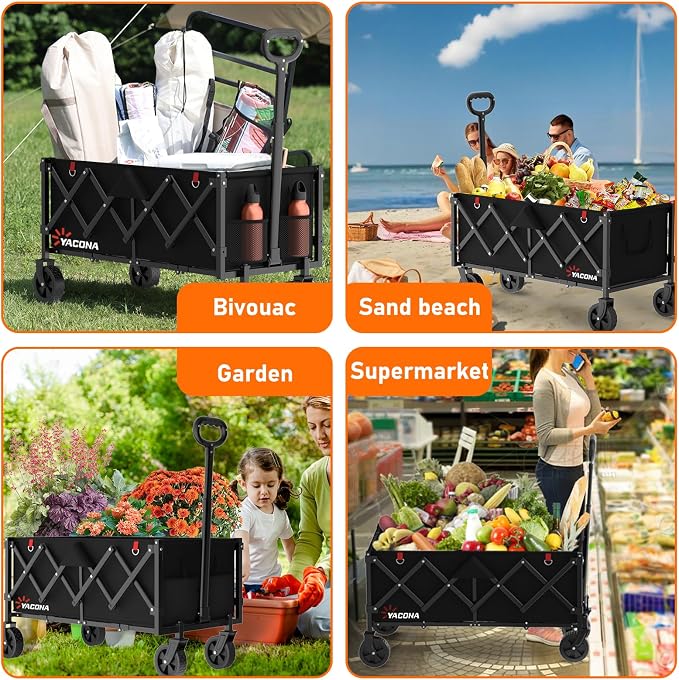 Extra Long Wagons Carts Foldable, 360LBS Heavy Duty Collapsible Wagon with Wheels, Folding Wagon Portable Utility Cart for Groceries, Shopping, Camping, Sports