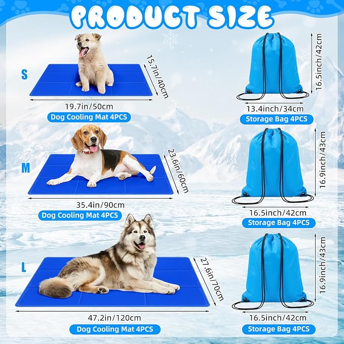 Drydiet 4 Pack Dog Cooling Mat - 47'' X 27'' Solid Gel Self Cooling Mat with Storage Bag Pressure Activated No Refrigeration or Electricity Needed Pet Pad for Dogs & Cats Kennels, Crates, Beds