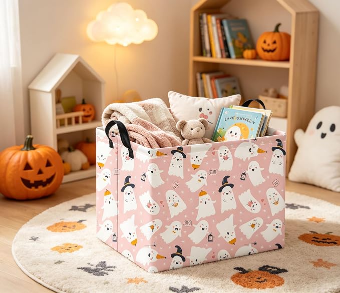 Rectangular Halloween Basket for Boys and Girls Kids Trick or Treat Pumpkin Basket for Halloween Parties Cute Storage Bin Organizer Box Room Decor(Pink Ghost)