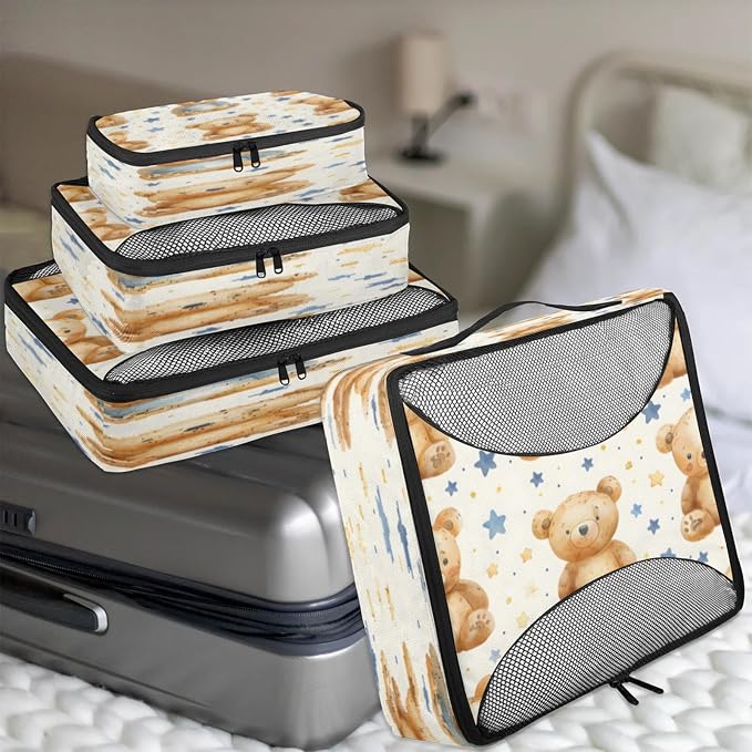 4 Set Packing Cubes for Travel, Teddy Bear Packing Cubes for Women, Travel Luggage Packing Organizers, Packing Cube Set, Bear Funny Animal