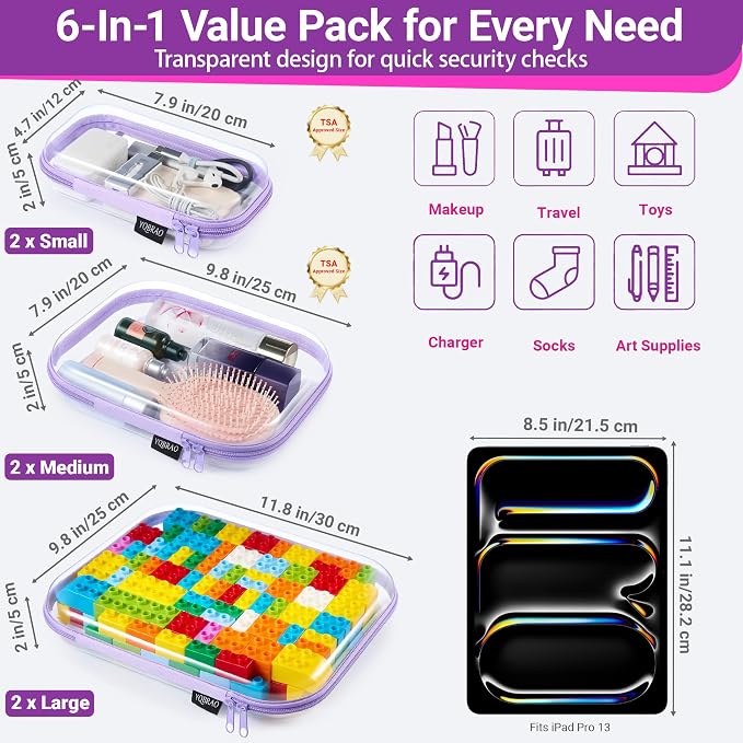 YQBRAO Clear Hard Shell Zipper Cases, 6 Multi-Size Organizers, Purple | Rigid clear shells in three practical sizes organize toiletries, cosmetics, cables, stationery and household essentials