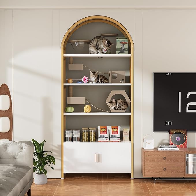 Kepptory Arched Cat Storage Shelf, 5-Tier Cat Tower Display Rack with Cabinet