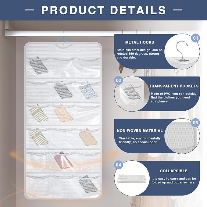 26-Pocket Hanging Closet Organizer for Socks and Underwear, White | Non-woven clear compartments keep bras & leggings visible; swivel hook fits wardrobe, closet rod, wall, door or shelves.
