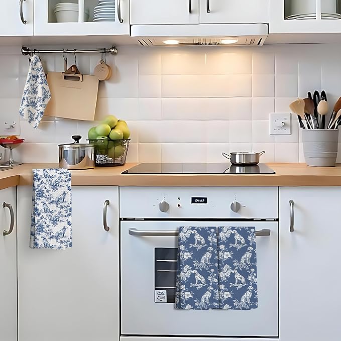 Chinoiserie Golden Retriever Kitchen Towels Set of 4,Blue and White Golden Retriever Floral Decorative Dish Tea Towels,Grandmillennial Botanical Dog Hand Towels for Kitchen Bathroom, 16x24 Inch