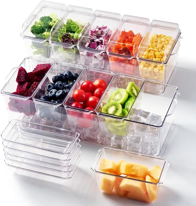 2 Pack Garnish Tray Chilled Condiment Server with 5 Small Containers | Ice Condiment Organizer and Removable Compartments, Clear Garnish Serving Platter for Kitchen, Fruit, Salad, Food