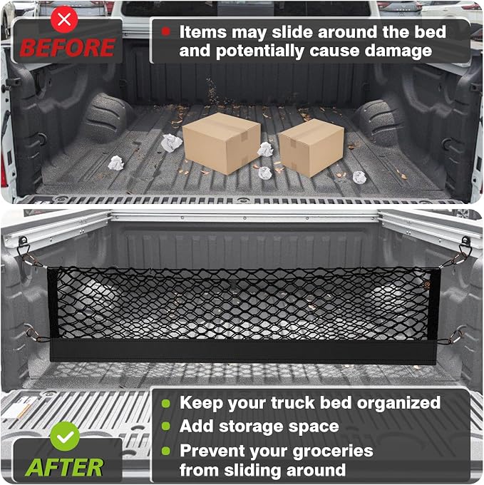 Muslogy Cargo Net for Nissan Titan 2017-2025 2026 Accessories | Custom Fit, Truck Bed Storage Organizer Net for Pickup Truck Bed Divider, Heavy Duty Carabiners, Night Visible Grab Handle