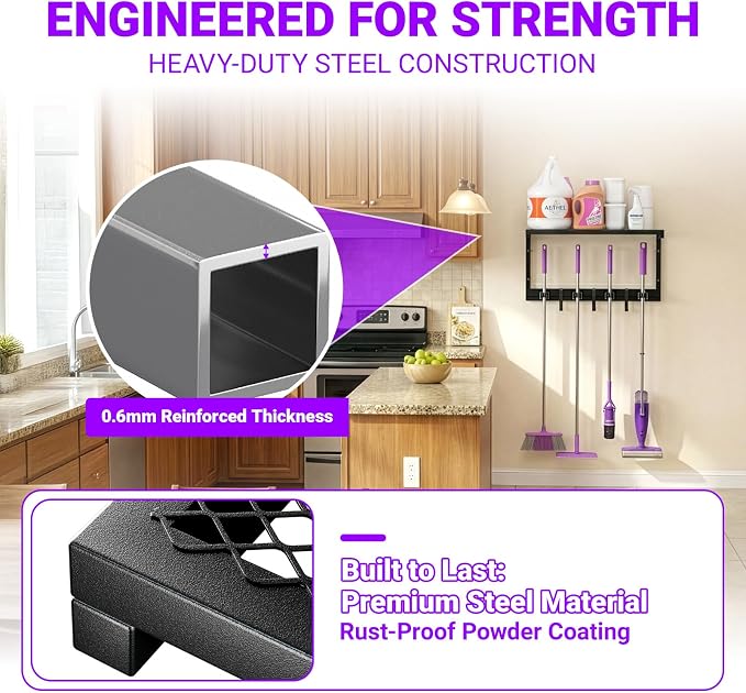 Heavy Duty Broom Holder Wall Mount, All-Metal Mop Rack with Storage Shelves | Space-Saving Cleaning Supply Organizer with Hooks Keeps Mops, Brooms and Tools Handy in Laundry Rooms, Garages and Kitchens