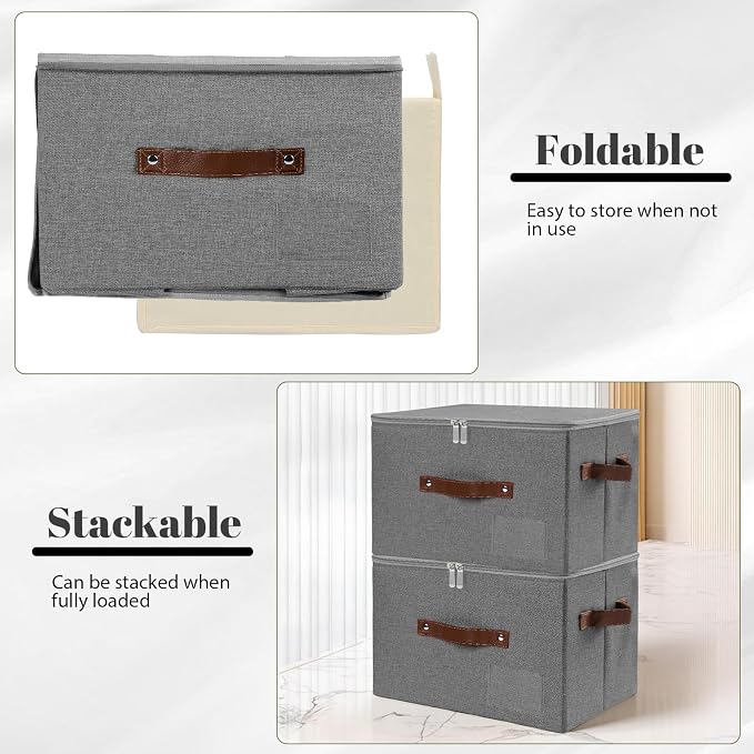 ANMINY Storage Box Fabric Bins with Zipper Lid, 17.7"x13.8"x10" Gray, 3PCS | Keepsake Box, Decorative, Cotton Linen, Reinforced PP Board Frame, Washable, Stackable & Foldable, Label Holder & PU Handles