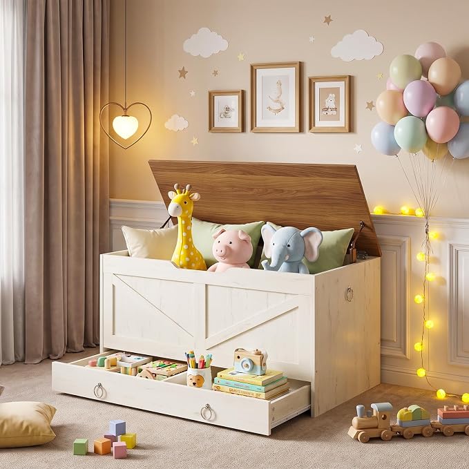 HOOBRO Storage Chest, 39.3" Toy Chest with Drawer, Wooden Storage Bench, Sturdy Entryway Bench Supports 220 lb, Safety Hinge, U-Shaped Opening, Easy Assembly, Cloud White and Walnut IH710CW01G2