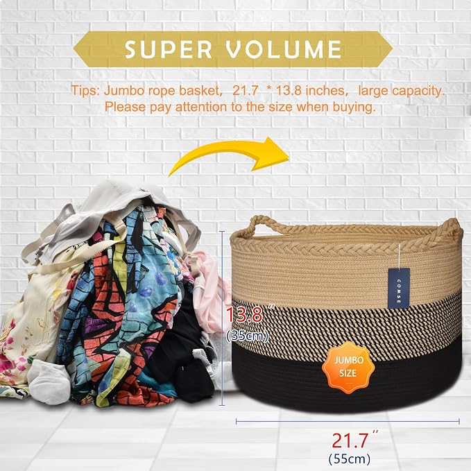 COMSE XXXLarge Woven Blanket & Laundry Basket, 87L, Brown & Black | 21.7" x 13.8", Cotton Rope, Nursery Hamper for Storage of Toys Clothes Towels, Ideal for Living Room Bedroom Bathroom