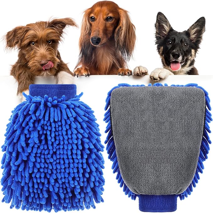 Teenyyou 2 Pcs Dog Towel Mitt Dry Bath Gloves Chenille Microfiber Paws Clean Pet Hair Washing Gloves Dog Grooming Mitts Bath Supplies for Cats Rabbits Horses Suitable for Long/Short/Poodle Fur(Blue)