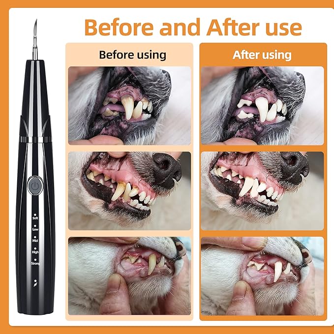 Dog Plaque and Tartar Remover for Teeth, Ultrasonic Pet Tooth Cleaner, Electric Teeth Cleaning Kit for Dogs and Cats, 5 Modes, LED Light, 3 Cleaning Heads, Rechargeable