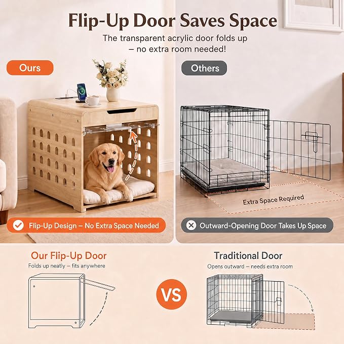 Modern Dog Crate Furniture Wooden Kennel Charging Station End Table Oak | Nightstand, Dog Cage Indoor, up to 110 lb, Flip-Up Acrylic Door, Storage Drawer, for Large Medium Dogs, Living Room Bedroom