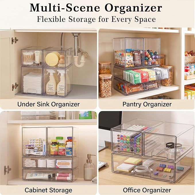 Clear Stackable Storage Drawers: Acrylic Organizer Bins 6 Pack | for Baby Bottle makeup Ideal for Countertop, Vanity, Station, Bathroom, Kichen Cabinet Pantry Organization