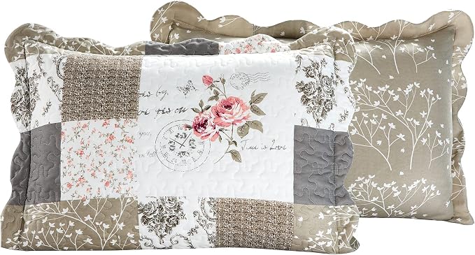 Brilliant Sunshine Pink Roses & Grey Toile Pillowshams Set, 20"x26"+2" | Patchwork Design, Quilted Standard Pillowcases, Washable Scallop Edge Pillow Covers, Pack of 2