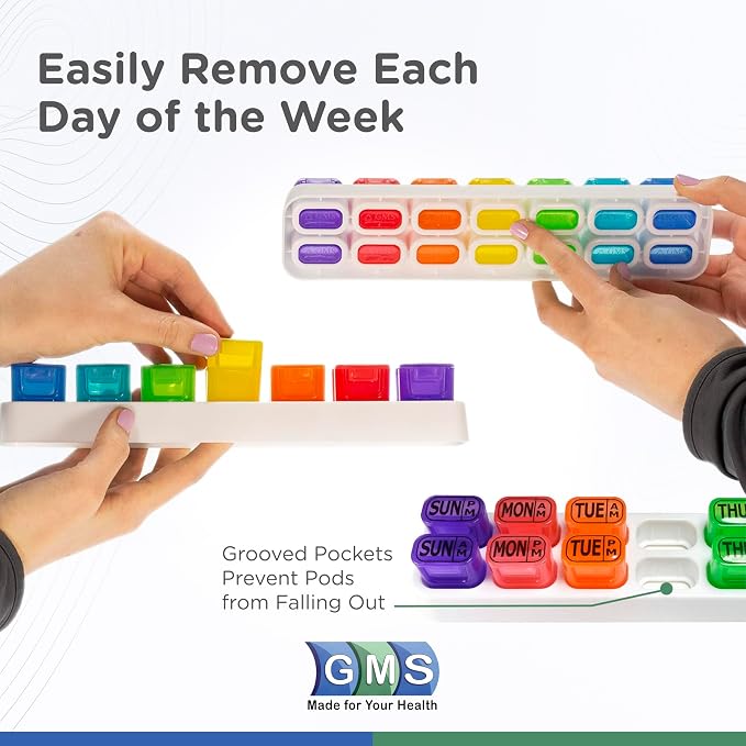 GMS Weekly Pill Organizer - 7 Day AM/PM Pop Out Pill Pods for Supplements, Vitamins & Medications - Ideal for Daily Use & Travel - Rainbow (Pack of 2)