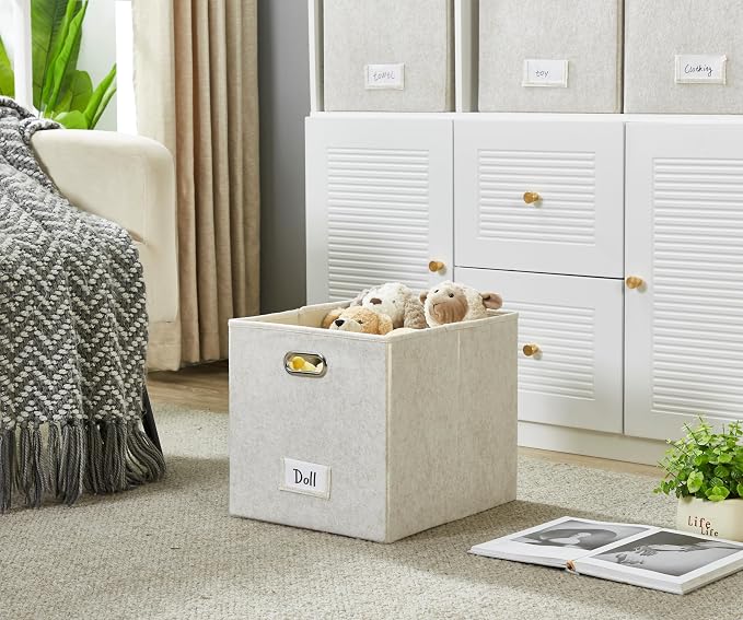 DECOMOMO Felt Storage Bins, 13x15x13 Storage Cube Bins with Labels | 4 Pack Storage Baskets for Shelves, Kallax (Beige)