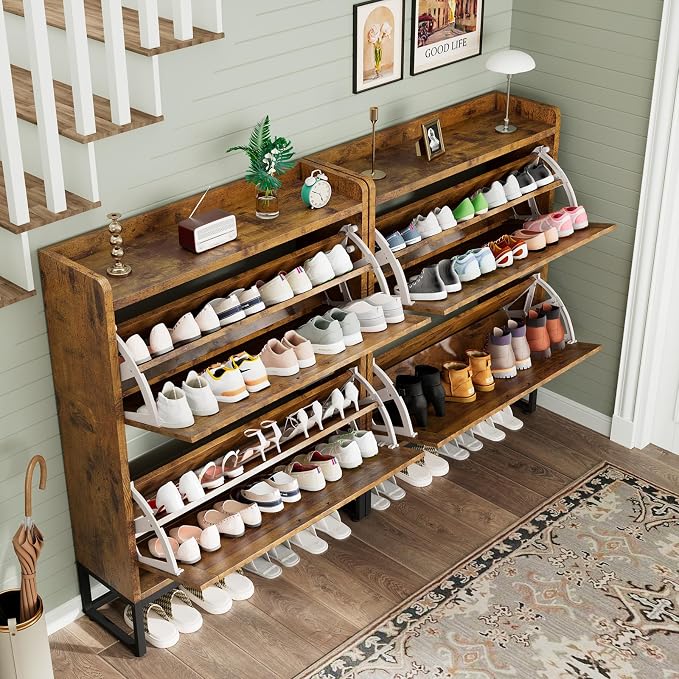 GRUSIGN Shoe Cabinet, Shoe Storage Cabinet with 2 Flip Drawers & Adjustable Shelf, Space-Saving Shoe Organizer – Holds 16+ Pairs, Narrow Shoe Cabinet Storage for Entryway/Hallway（Brown）