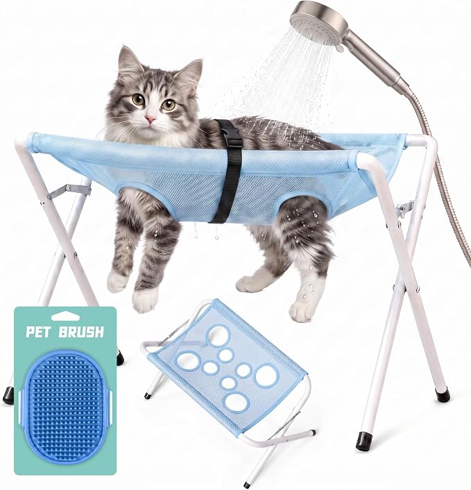 Cat Bathing Hammock, Stainless Steel Foldable Pet Bathing Stand with Restraint Straps, Multi-hole Anti-Scratch Washing Holder Station for Easy Feline Washing & Nail Trimming, Supports up to 40lbs，Blue
